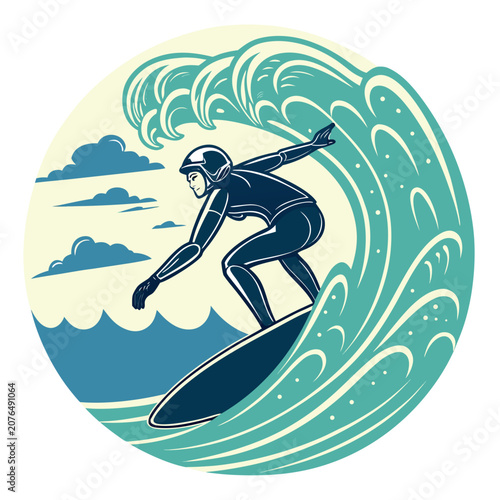 Photography Woman surfing vector design illustration, surf rider in wetsuit on surfboard catching ocean wave, graphic female character enjoying summer water sport activity at sea beach