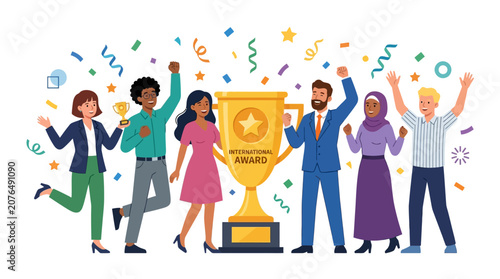 Diverse group celebrates winning large golden trophy with confetti and streamers