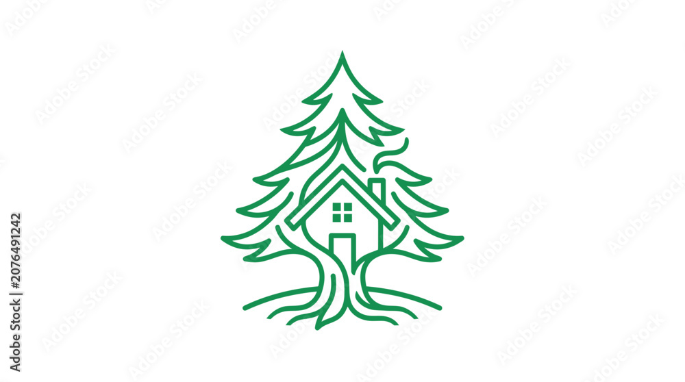 Obraz premium Eco-friendly house logo with pine tree and roots, sustainable living concept