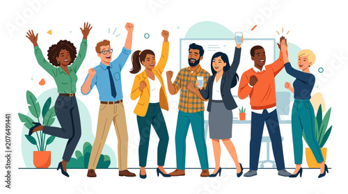 Diverse group celebrating success in an office environment, high five and cheer