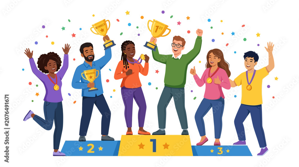 Fototapeta premium Diverse group celebrating victory on podium with trophies and medals, confetti falling.