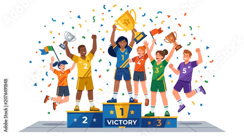 Diverse Kids Celebrate Victory on Podium with Trophies and Confetti