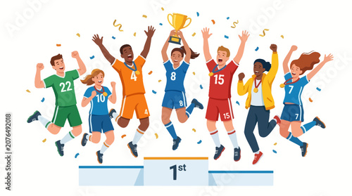 Diverse sports team celebrating victory with trophy on podium, confetti falling