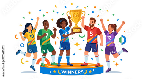 Diverse Soccer Team Celebrates Victory with Trophy and Confetti