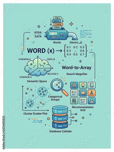 Machine learning word embeddings and data analysis infographic