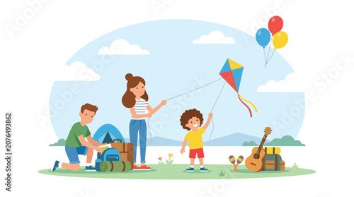 A happy family enjoys a day of camping outdoors, with a child flying a kite, a man packing gear, and musical instruments resting on the grass.