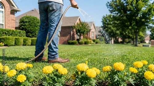 Person watering yellow flowers in a suburban lawn hose