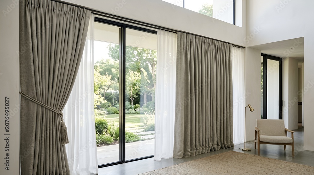 Fototapeta premium Modern Living Room with Elegant Curtains and Garden View