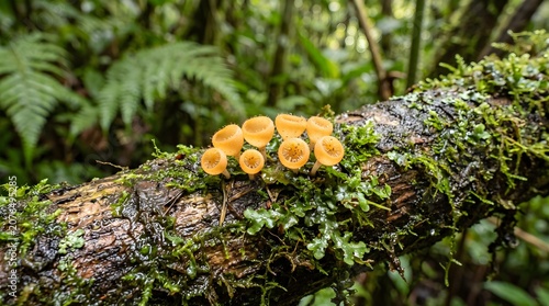 Tiny Tropical Jungle Fungi Growing on Decaying Wood Macro Photography