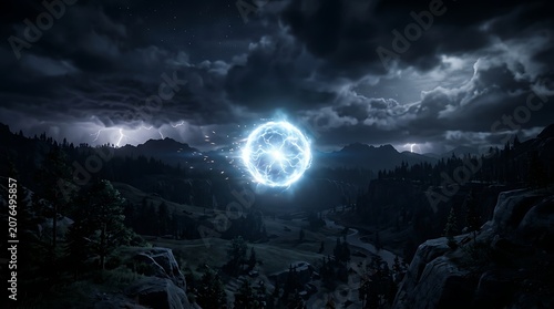 Glowing blue energy orb floating over a dark mountain valley at night