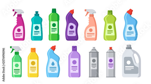 Set of colorful household cleaning product bottles and disinfectant containers in flat vector style, illustrating hygiene maintenance and representing domestic housekeeping solutions