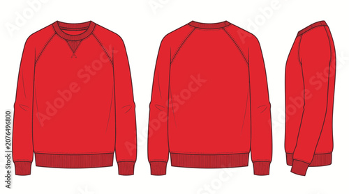 Technical flat sketch of blank red raglan sweatshirt with front back and side views on white background, illustrating fashion apparel design templates, provides garment manufacturing specifications