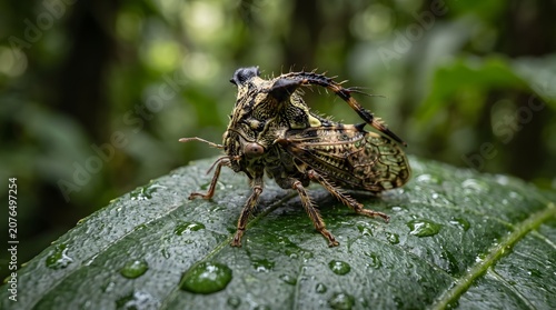 Rare Tropical Treehopper Insect Macro Close Up on Green Jungle Leaf