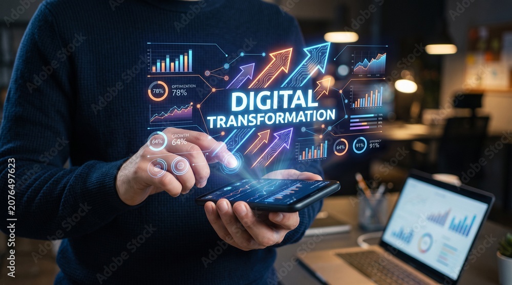 Fototapeta premium Digital transformation concept with businessman using smartphone and data charts