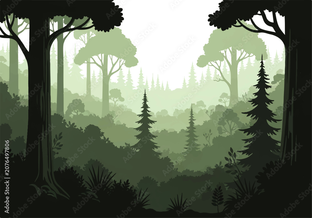 Fototapeta premium Vector flat design illustration of a dense green forest landscape with tall trees and misty atmosphere