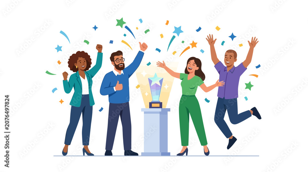 Obraz premium Diverse Team Celebrates Success with Trophy and Confetti Illustration