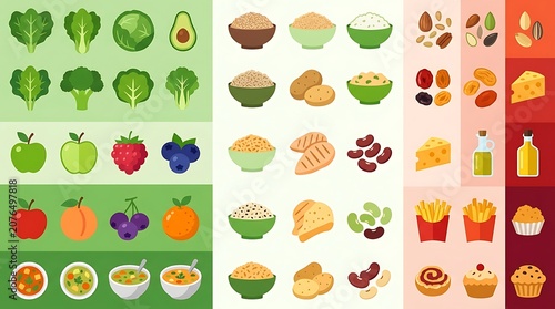 Colorful food group icons for nutrition and diet planning