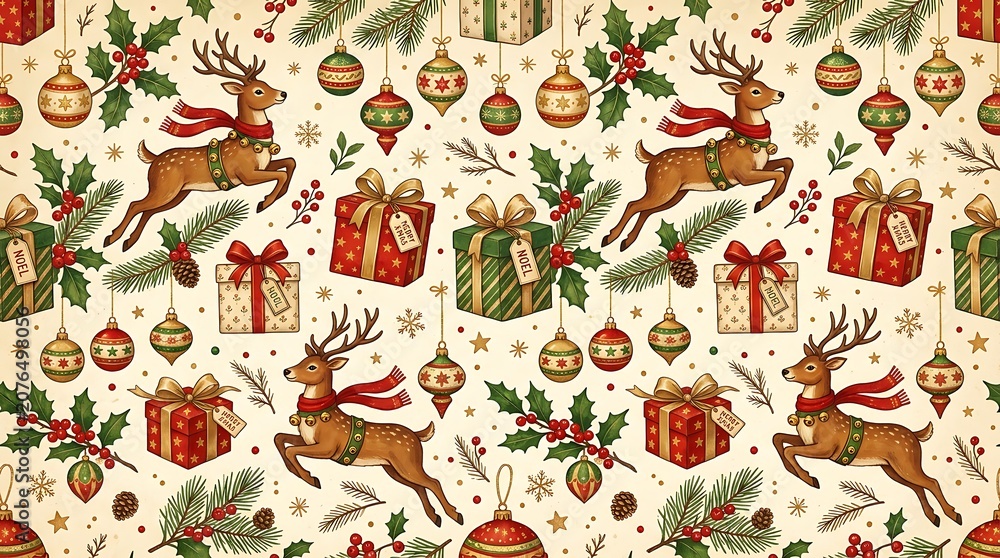 Fototapeta premium Vintage christmas pattern with jumping reindeer and red gift boxes on cream background.