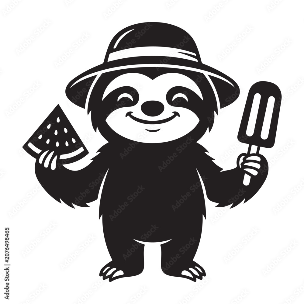 Fototapeta premium Cute cartoon sloth wearing a hat with watermelon and popsicle