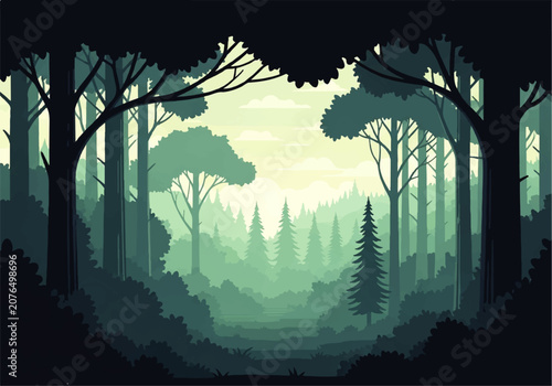 Bild auf Leinwand Mysterious deep forest path shrouded in mist, a vector flat design illustration