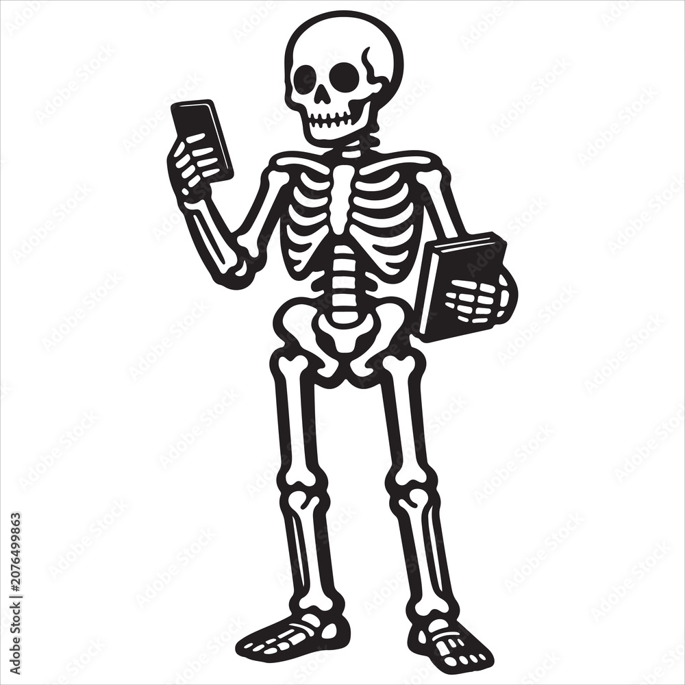 Fototapeta premium Skeleton holding a smartphone and a notebook in a modern setting