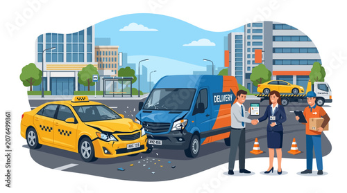 Car Crash: Taxi and Delivery Van Accident Scene with Insurance Agents