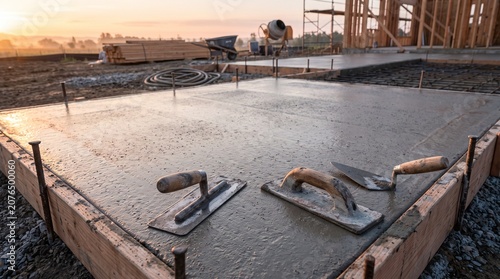 Concrete slab foundation construction with finishing tools at sunset