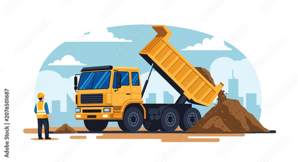 Naklejka premium Yellow dump truck with worker nearby.