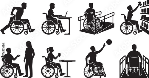 Black silhouettes, disability awareness icons, accessibility symbols, inclusive people set, vector graphics