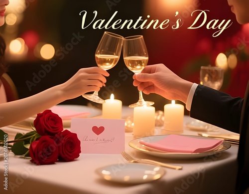 Romantic Valentine’s Day Dinner Setting with Roses, Candles and Intimate Couple Moment
