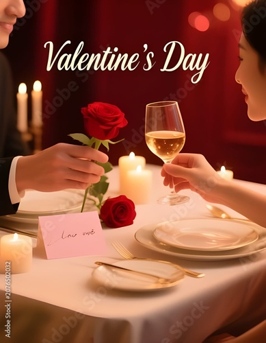 Romantic Valentine’s Day Dinner Setting with Roses, Candles and Intimate Couple Moment