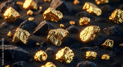 Precious gold nuggets scattered on dark rocky terrain. Wealth discovery and investment opportunity. Close up view of raw gold mining inside a dark stone mine environment