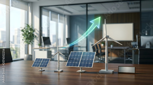 Green energy business growth concept with miniature solar panels, wind turbines, and a rising neon arrow on a corporate office desk