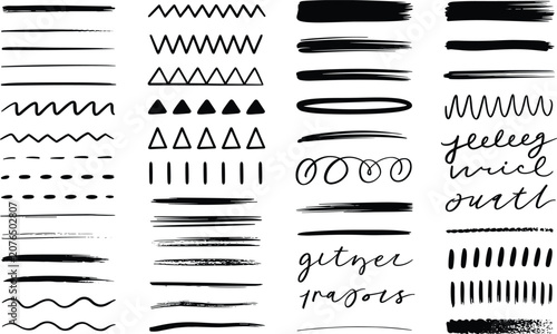 Creative collection of black ink brush strokes hand-drawn with artistic textures and wavy patterns on a bright white canvas.