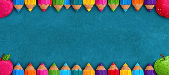 Panoramic back to school banner with colorful pencils and apples on chalkboard background