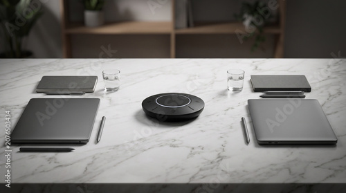 Modern Office Meeting Room Table with Laptops and Conference Speakerphone for Business Collaboration