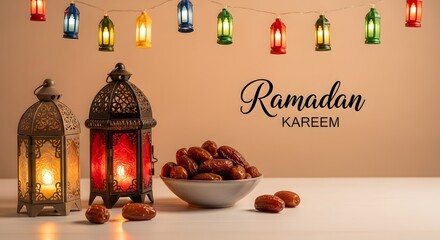 Ramadan table setting with traditional lanterns and dates. Islamic culture and festive dinner gathering. A bowl of dates with glowing lanterns and fairy lights