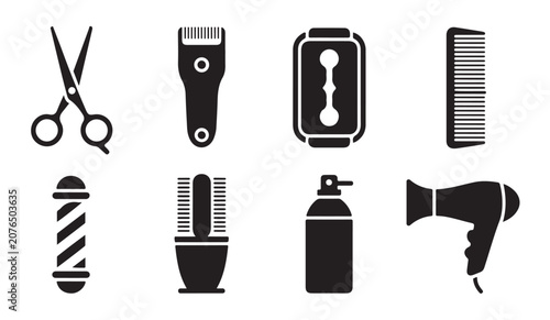 Barber shop and hairdresser professional tools icons set including scissors and clippers.