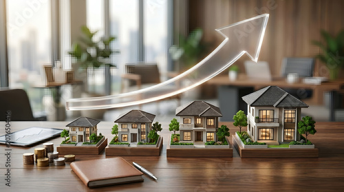 Real estate market growth and property investment concept with house models increasing in size and a rising glass arrow on an office desk