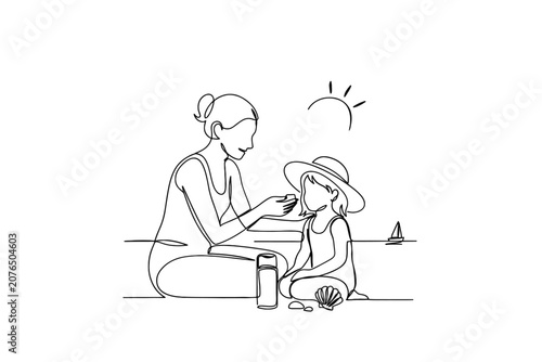 Mother And Child Applying Sunscreen Continuous Line Drawing On White