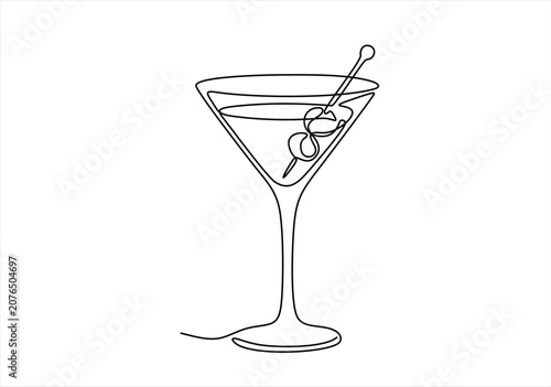 Stylish continuous line art martini glass with two olives on a skewer, elegantly drawn in a minimalist black and white illustration style, Glass of cocktails in continuous one line drawing.