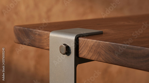 Detailed Close-up of a Modern Wooden Table Edge with an Industrial Metal Bracket and Bolt