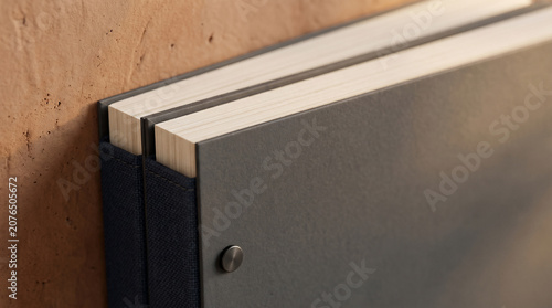 Minimalist composition of book pages and dark spines resting against a warm textured wall surface