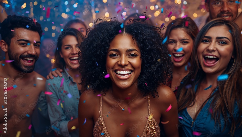 Obraz premium Diverse group of happy friends celebrating with colorful falling confetti