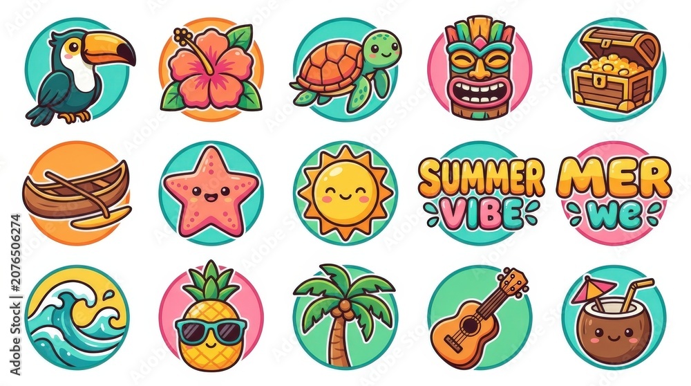 Fototapeta premium A collection of cute cartoon picnic and summer activity stickers featuring food, drinks, outdoor items, and happy characters.