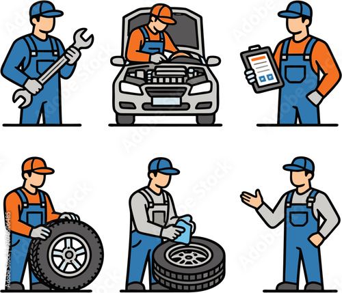 Mechanics Repairing Car Tires and Engine in Workshop Flat Design Illustration
