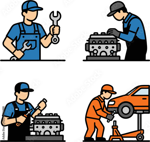Mechanic Repairing Engine and Car Parts in Workshop Flat Vector Illustration