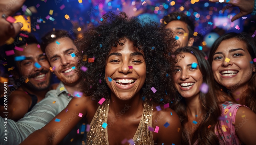 Fototapeta premium Diverse group of happy friends celebrating with colorful falling confetti