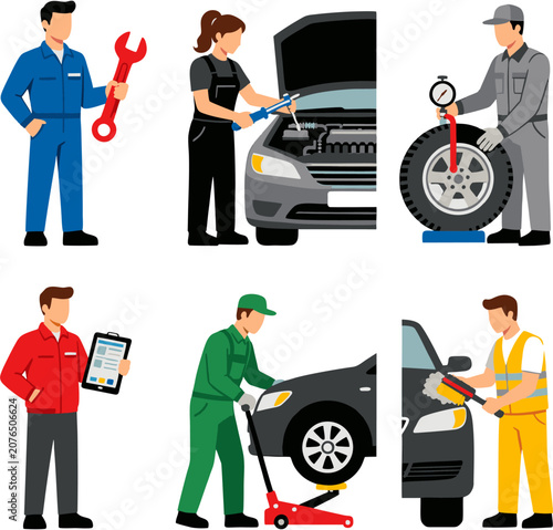 Mechanics Repairing Car in Workshop with Tools and Team Collaboration