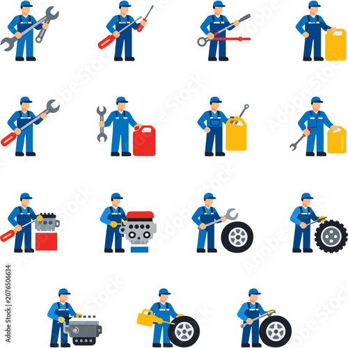 Construction Workers Performing Tasks in Flat Design Vector Illustration with Tools and Vehicles